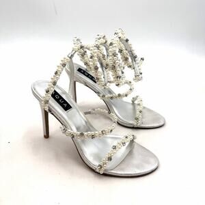 AQUA Duet Silver Rhinestone & Pearl Evening Wedding Bling Heels Womens 9